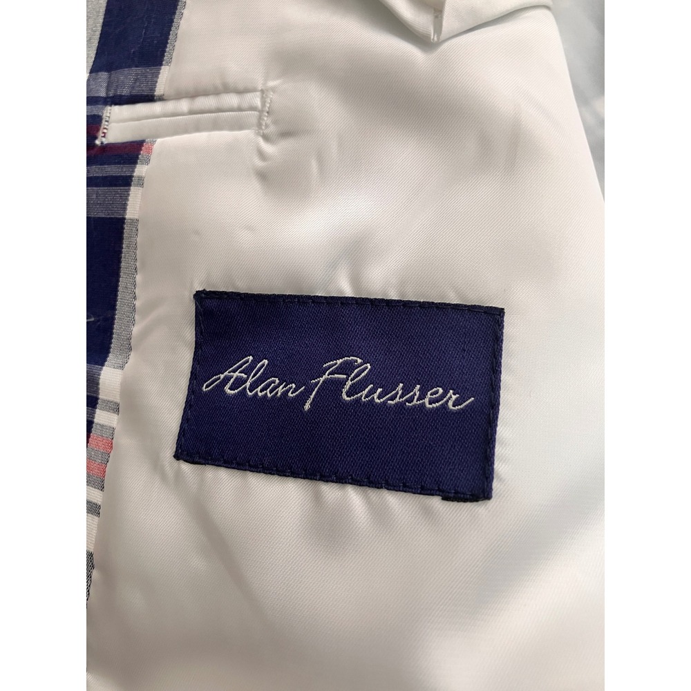 Alan Flusser Mens 44R Blazer Sport Coat Navy Blue Red White Plaid Cotton Blend - Picture 4 of 12